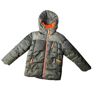 Champion Boys Puffer Jacket XS 4–5 Gray Orange Fleece Lined Hooded Winter Coat